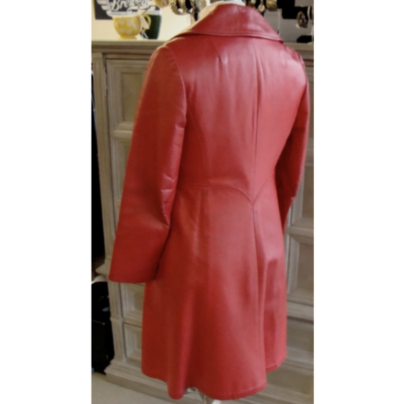 red LEATHER COAT vintage trench jacket S - Picture 10 of 11